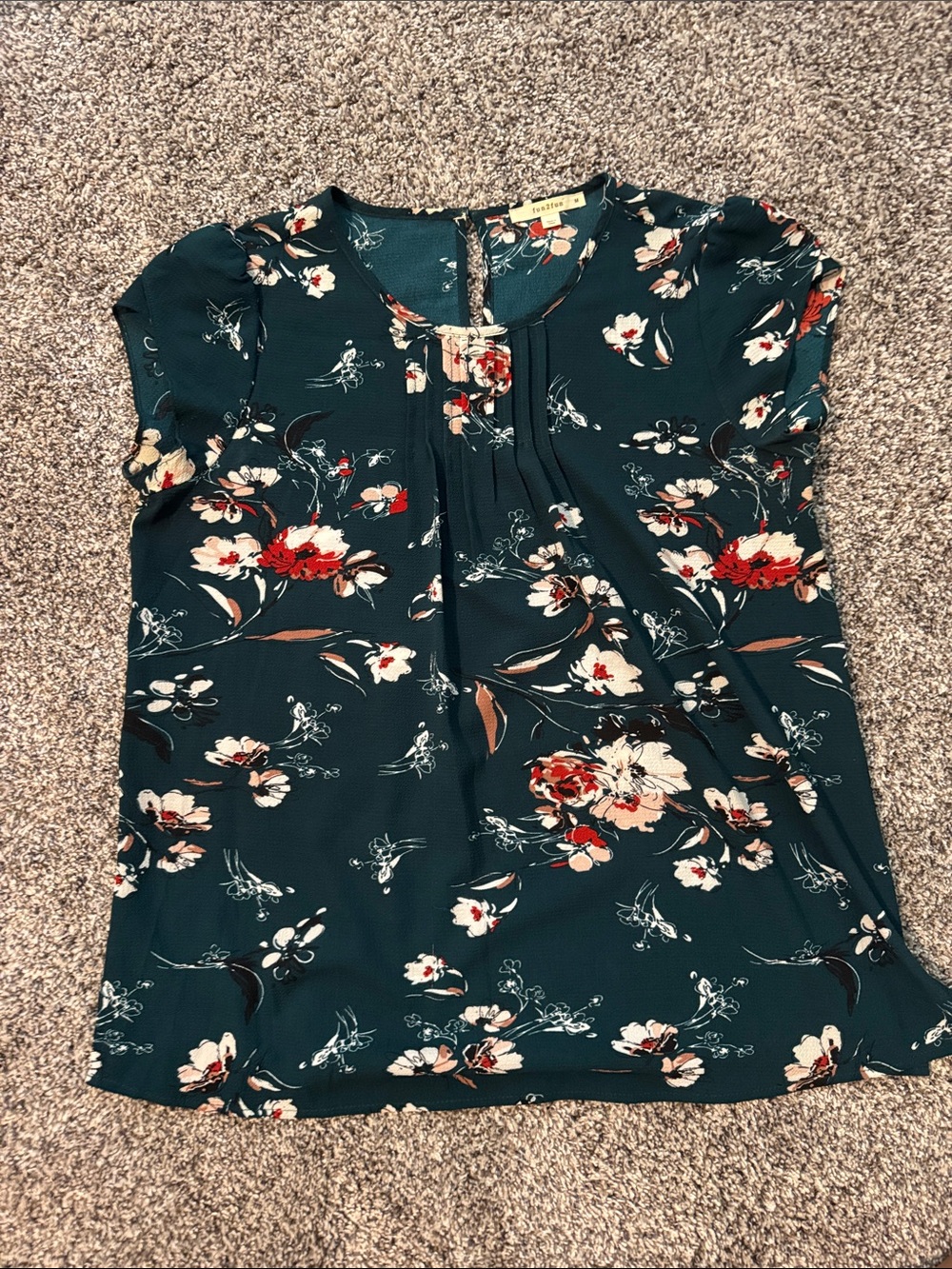 fun 2 fun Teal Floral Pleated Front Blouse